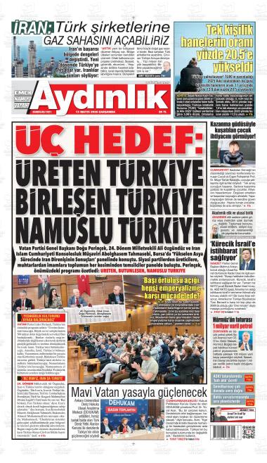14 Mayıs 2026 - Perşembe tarihli AYDINLIK VATAN-EMEK-NAMUS gazetesi ilk sayfası