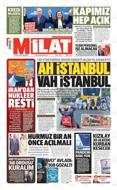 14 Mayıs 2026 - Perşembe tarihli MİLAT gazetesi ilk sayfası