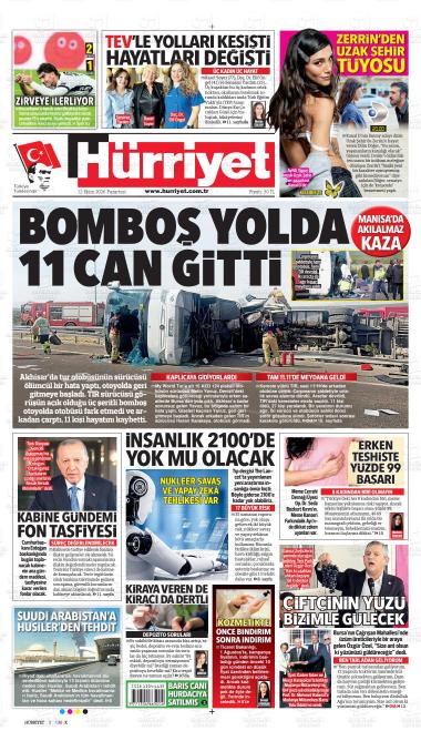 13 Ekim 2026 - Salı tarihli HÜRRİYET gazetesi ilk sayfası