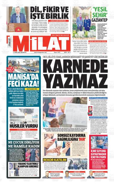13 Ekim 2026 - Salı tarihli MİLAT gazetesi ilk sayfası